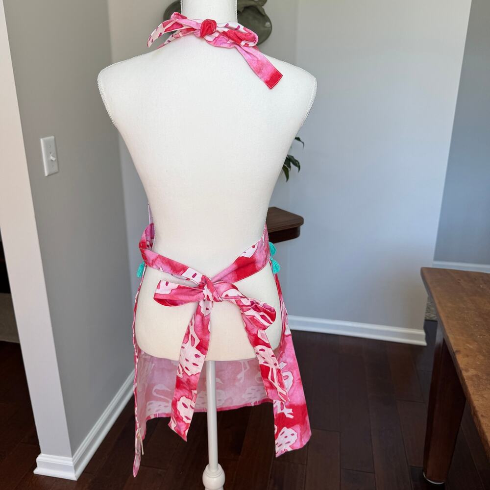 ANTHROPOLOGIE Apron Pink Flamingo Print 100% Cotton Tassels - Picture 2 of 11